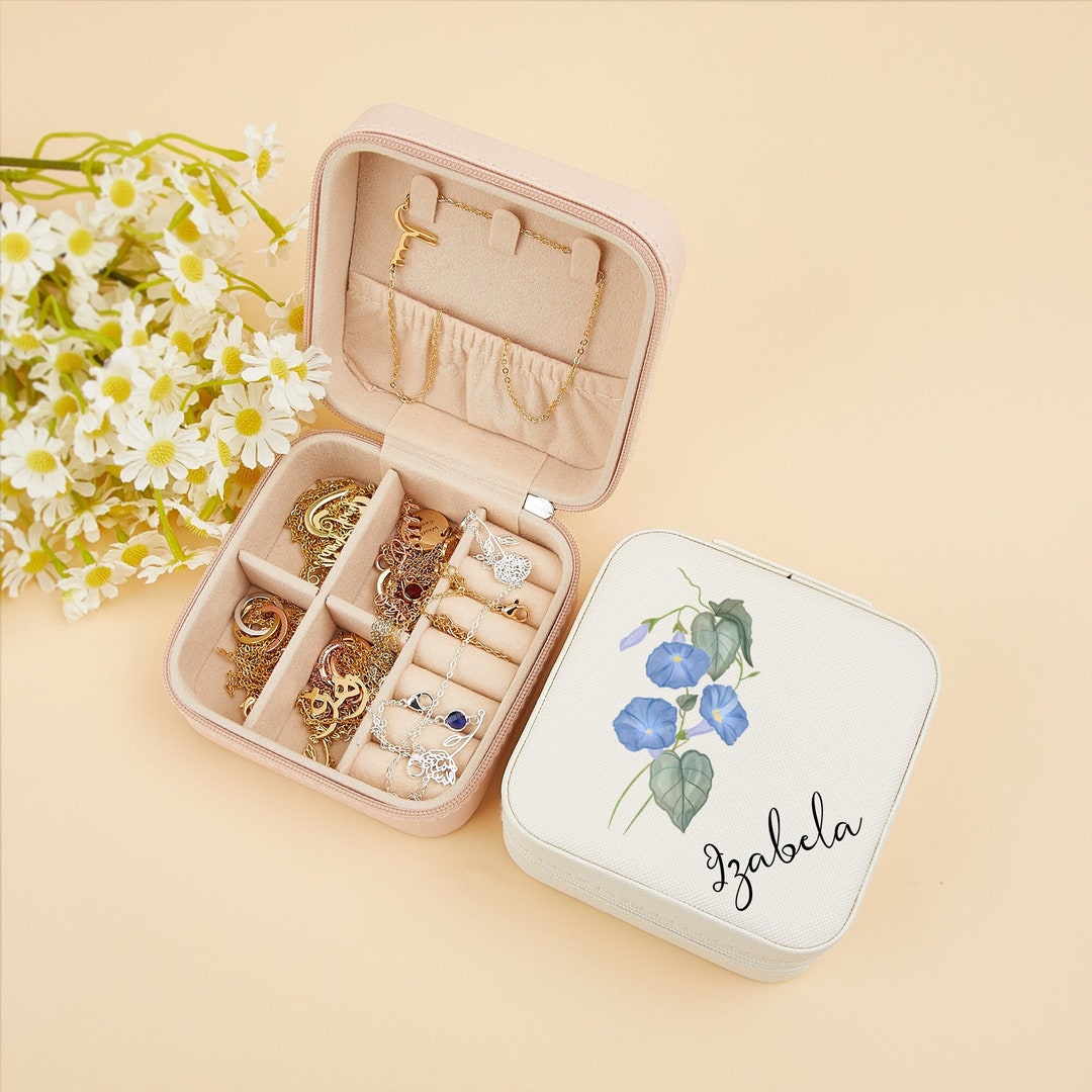 Leather Jewelry Travel Box,custom Birth Flower Jewellery Box,mini Floral Jewelry Box
