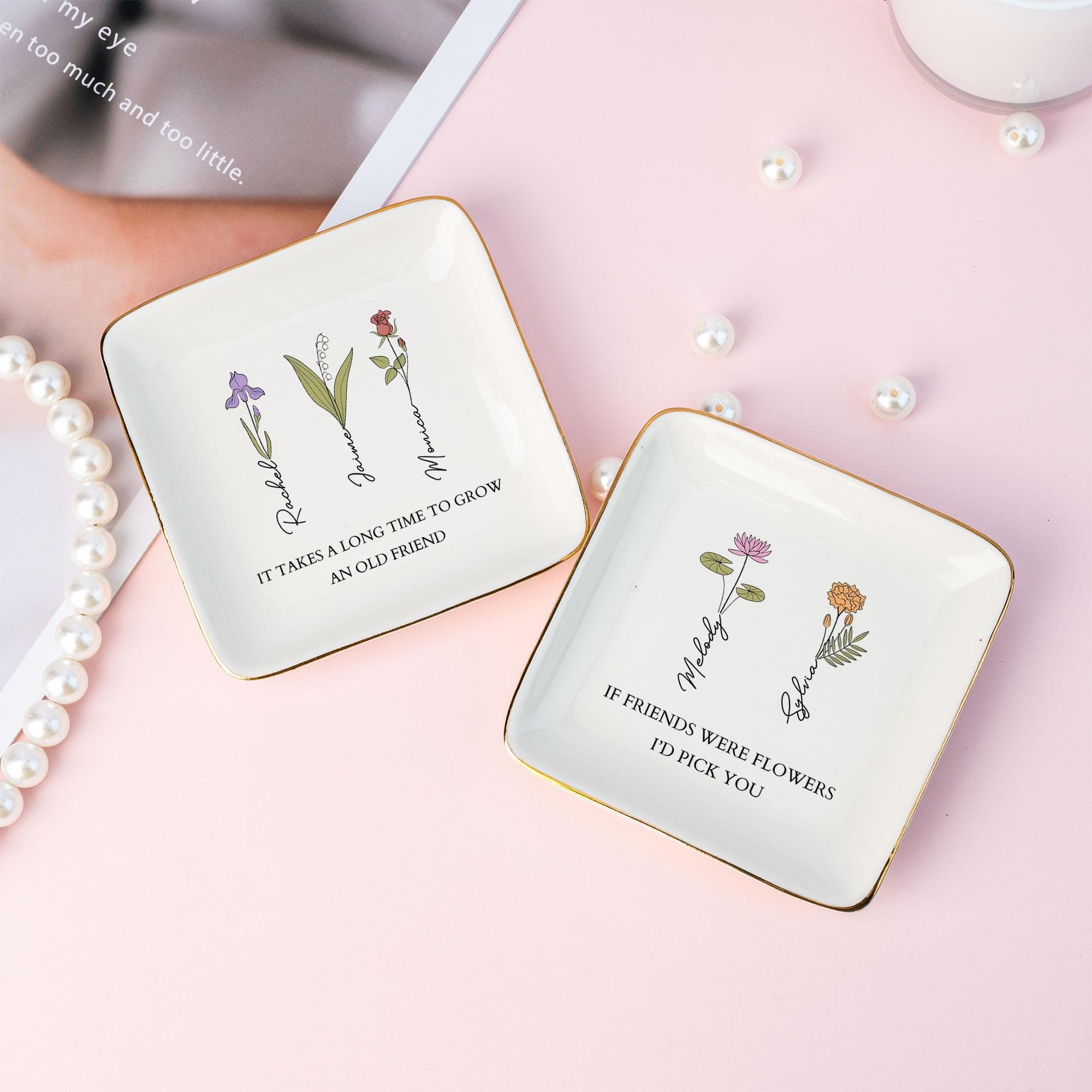 Personalized Best Friend Ring Dish - Ceramic Jewelry Tray With Names & 'If Besties Were Flowers' Quote