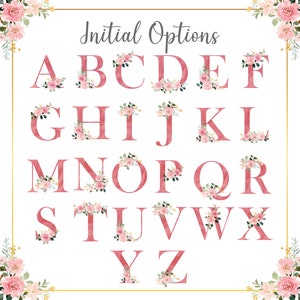 Pu&ograve; includere: Un alfabeto rosa con accenti floreali. Ogni lettera &egrave; circondata da fiori rosa e bianchi e vegetazione. Le lettere sono in un carattere grassetto, sans-serif. Il testo "Initial Options" &egrave; nella parte superiore dell'immagine.