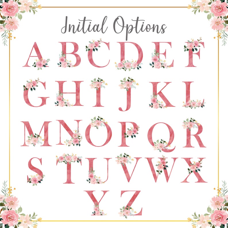 Pu&ograve; includere: Un alfabeto rosa con accenti floreali. Ogni lettera &egrave; circondata da fiori rosa e bianchi e vegetazione. Le lettere sono in un carattere grassetto, sans-serif. Il testo "Initial Options" &egrave; nella parte superiore dell'immagine.