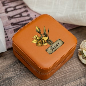 Personalised Jewellery Box,Birth Flower Leather Jewellery Case,Custom Jewellery Gift Box,Birthday Gift,Valentine's Day Gift for Her,for Mom image 3