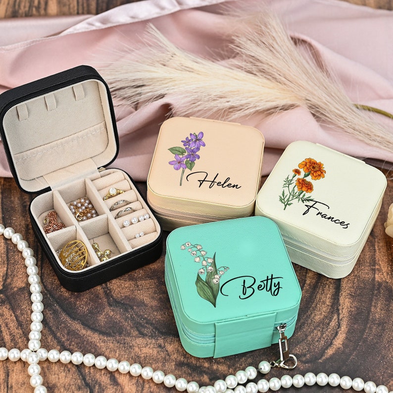 Custom Birth Flower Jewellery Box,Leather Jewellery Travel Box,Personalised Gift Box,Personalised Birthday Gift,Gift for Her,Mother's Day image 3