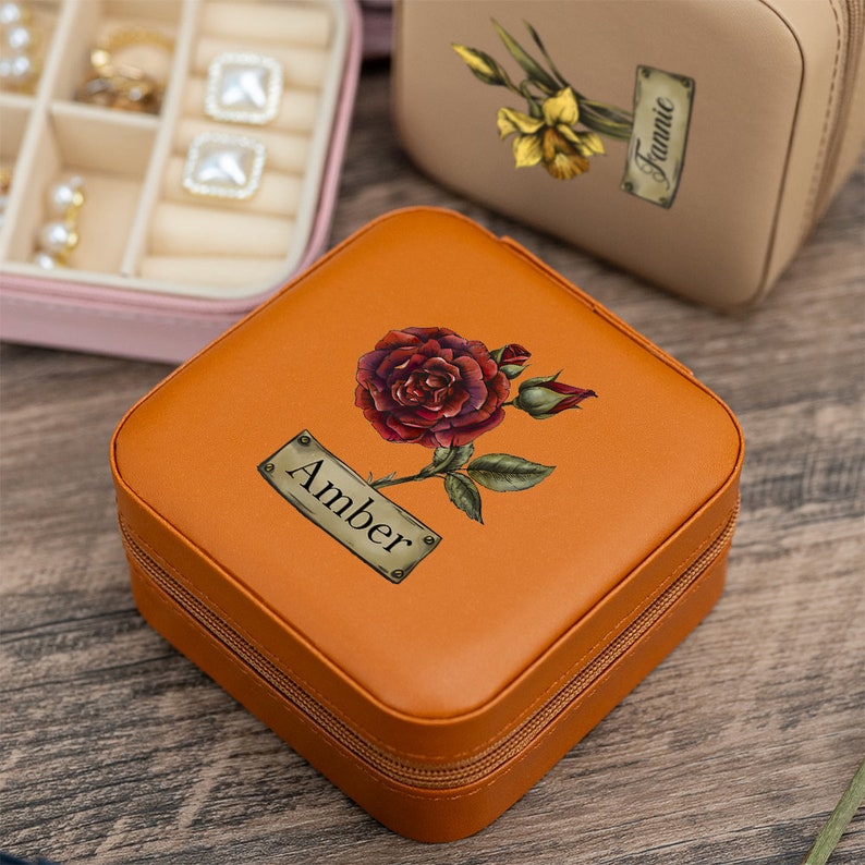 Personalised Jewellery Box,Birth Flower Leather Jewellery Case,Custom Jewellery Gift Box,Birthday Gift,Valentine's Day Gift for Her,for Mom image 7