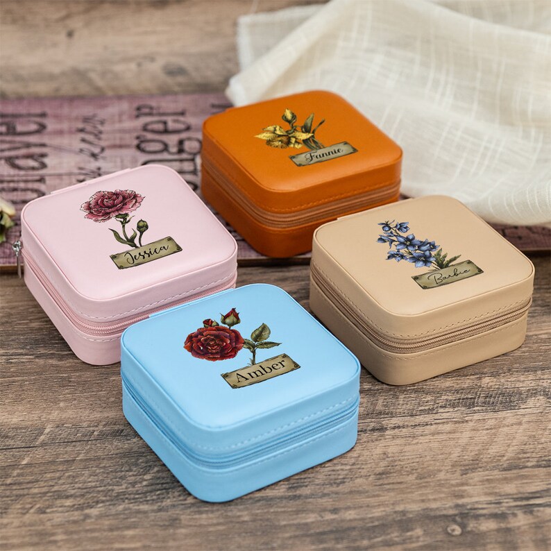 Personalised Jewellery Box,Birth Flower Leather Jewellery Case,Custom Jewellery Gift Box,Birthday Gift,Valentine's Day Gift for Her,for Mom image 6