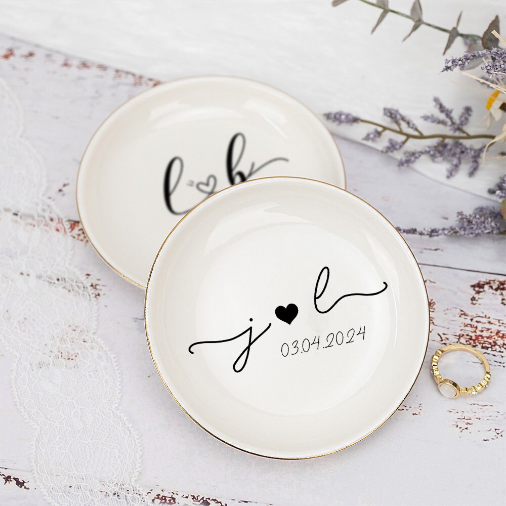 Portagioie In Ceramica Con Iniziale Personalizzata | Piatto Porta Gioielli Con Bordo Dorato | Regalo Di Nozze Con Scatola | Diametro 11,4 Cm