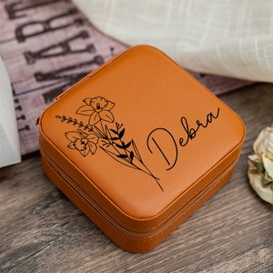 Portagioielli personalizzato,Scatola da viaggio per gioielli in pelle con fiore di nascita,Scatola regalo personalizzata,Regalo di compleanno,Regalo di San Valentino per lei,Mamma immagine 4