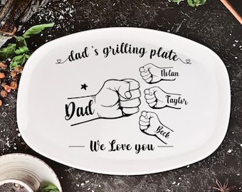 Personalized Grilling Platter,Fist Bump Dad and Kids Name Grilling Plate,Custom BBQ Grilling Plate Gift for Him,Birthday Gifts from Daughter