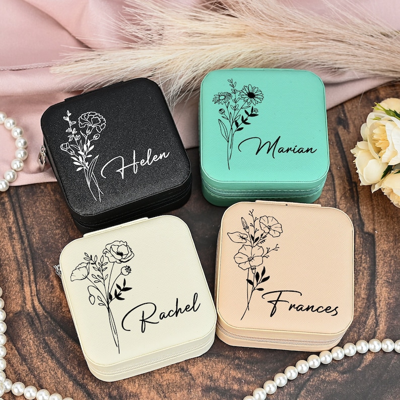 Custom Birth Flower Jewellery Box,Leather Jewellery Travel Box,Personalised Gift Box,Personalised Birthday Gift,Gift for Her,Mother's Day image 4