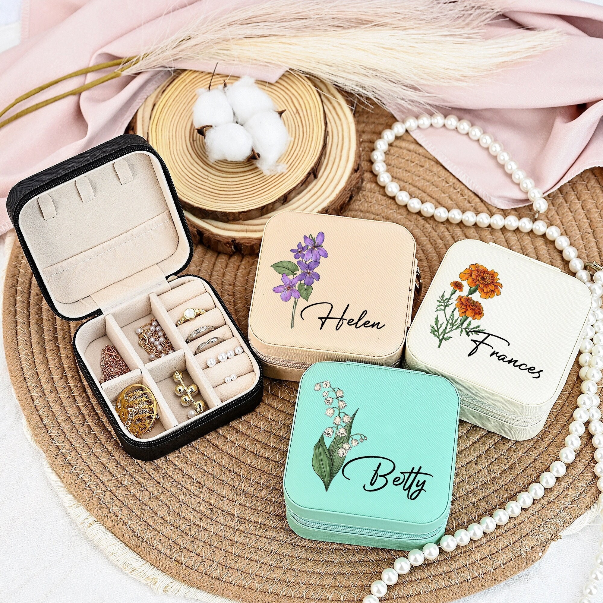Personalized Birth Flower Jewellery Box, Travel Leather Jewelry Case, Name Jewelry Organizer, Birthday Gift for Her, Wedding Bridesmaid Gift