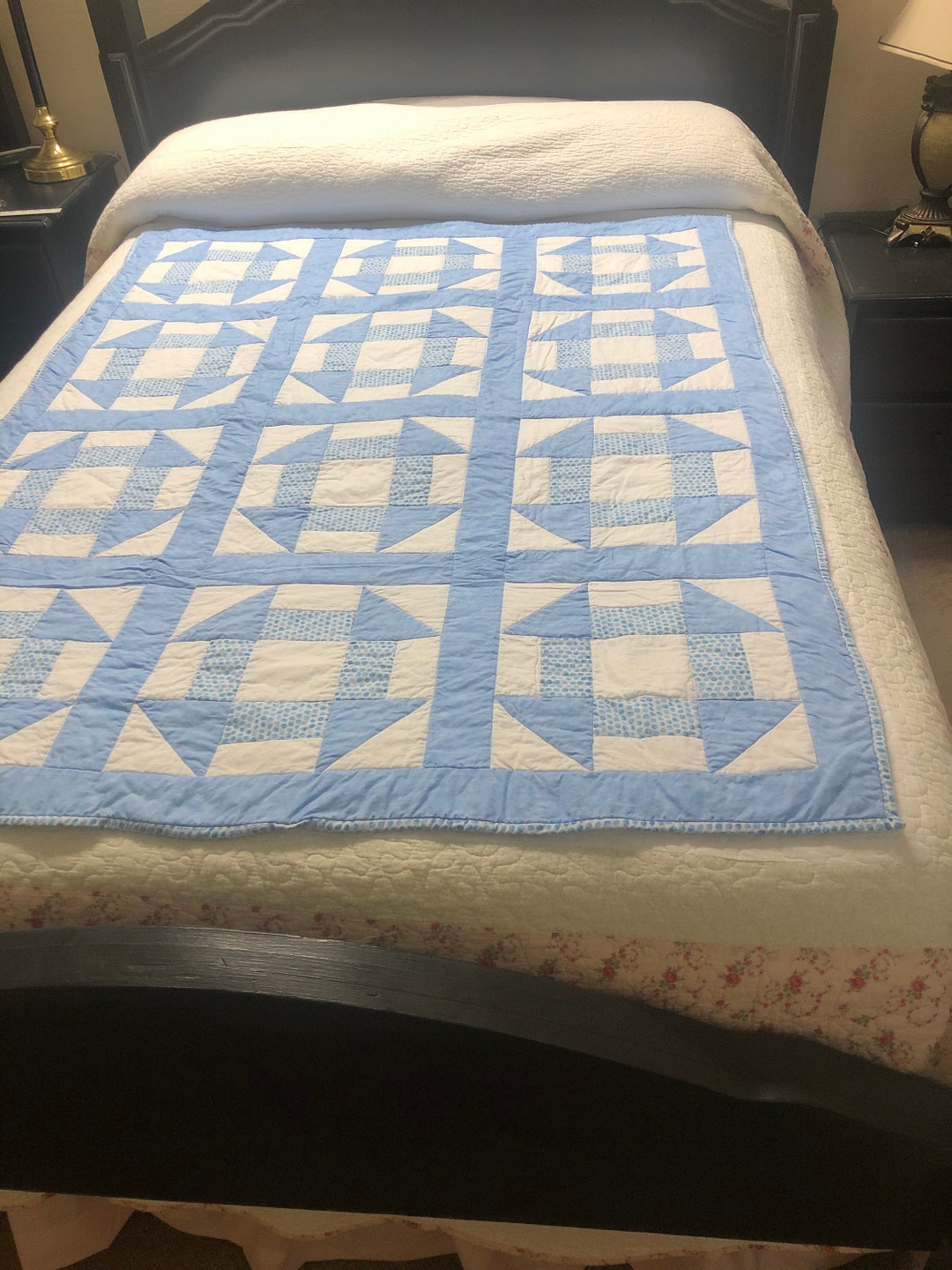 Blue and White Monkey Wrench Pattern Quilt 46” X 57” - Etsy