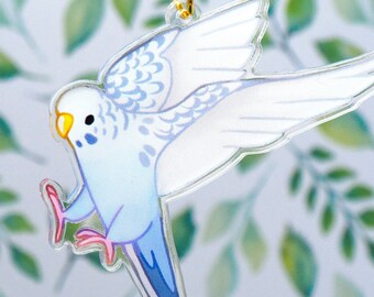 Pastel Blue Budgie Parakeet Acrylic Keychain, Blue Budgerigar, Grass Parakeet, Turquoise, Aqua