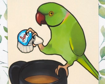 Ringneck Parrot and Coffee Mini Print | Birb Meme Mini Print