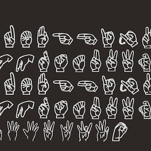 Può includere: Un'illustrazione in bianco e nero di 45 diversi segni della lingua dei segni italiana (LIS). I segni includono lettere, numeri e parole comuni come "dormire".