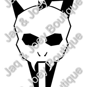 May include: Black and white illustration of a stylized skull with sharp teeth and a pointed chin. The skull has two large, black eyes.