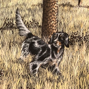 K&ouml;nnte beinhalten: Gem&auml;lde eines Hundes in einem Feld mit hohem Gras. Der Hund ist schwarz und wei&szlig; mit braunen Markierungen und steht in der N&auml;he eines Baumes. Der Hintergrund zeigt weitere B&auml;ume und einen blauen Himmel.