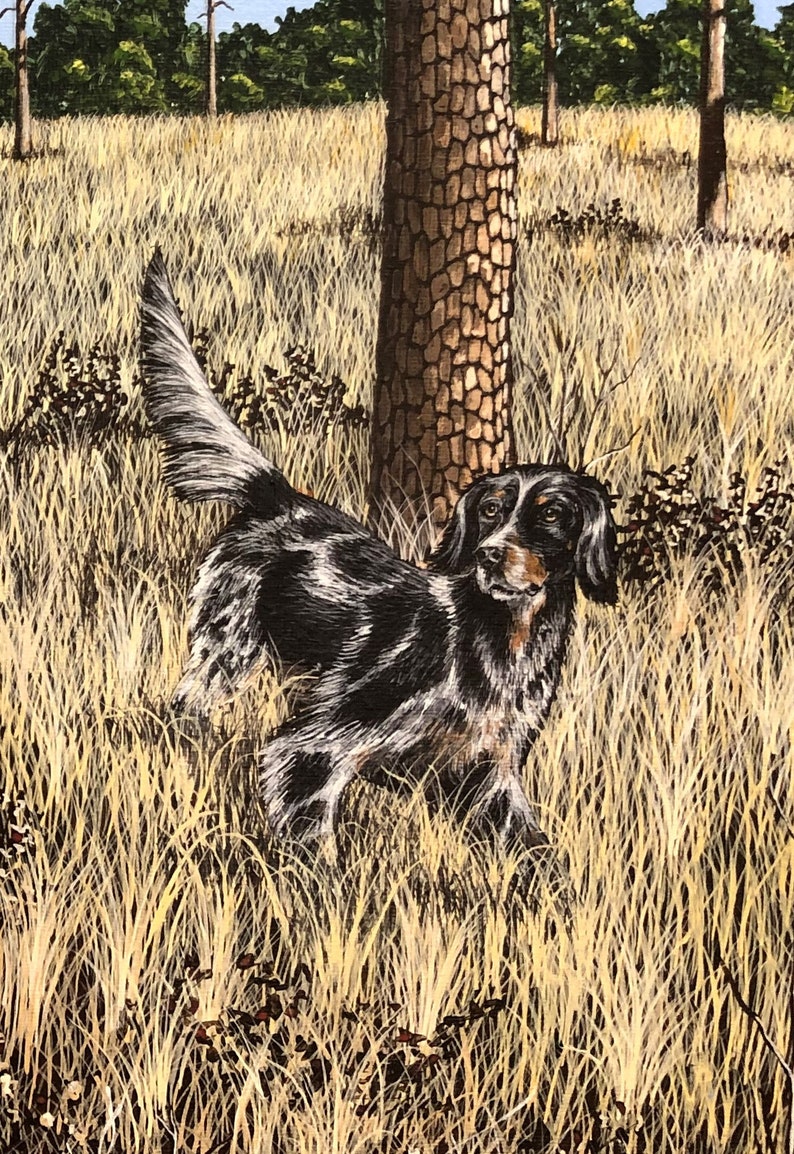K&ouml;nnte beinhalten: Gem&auml;lde eines Hundes in einem Feld mit hohem Gras. Der Hund ist schwarz und wei&szlig; mit braunen Markierungen und steht in der N&auml;he eines Baumes. Der Hintergrund zeigt weitere B&auml;ume und einen blauen Himmel.
