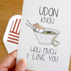 Cartão de felicitações "Eu te amo" 4x6 "Udon sabe o quanto eu te amo" - em branco por dentro - Cartão de felicitações japonês - Cartão kawaii - Trocadilho com comida - Dia dos Namorados
