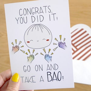 Cartão de felicitações 4x6 "Take a BAO" - Em branco por dentro - Cartão de felicitações asiático - Cartão kawaii - Trocadilho com comida chinesa - Formatura - Parabéns