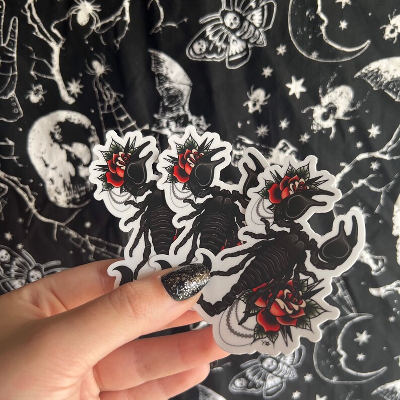 Peut inclure: Trois autocollants de scorpion noirs avec des roses rouges et des accents de perles blanches. Les autocollants sont sur un fond noir avec des &eacute;toiles et des lunes blanches.