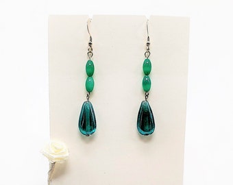 Green Glass Beads Sterling Silver Earrings