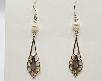 Cultured Pearl & Mother of Pearl Inlaid Sterling Silver Teardrop Earrings
