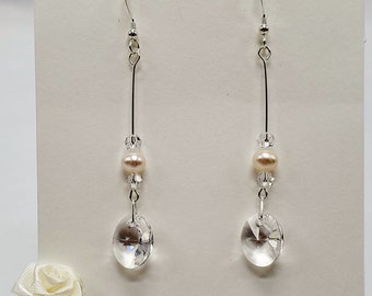 Cultured Pearls & Swarovski Clear Oval Sterling Silver Earrings