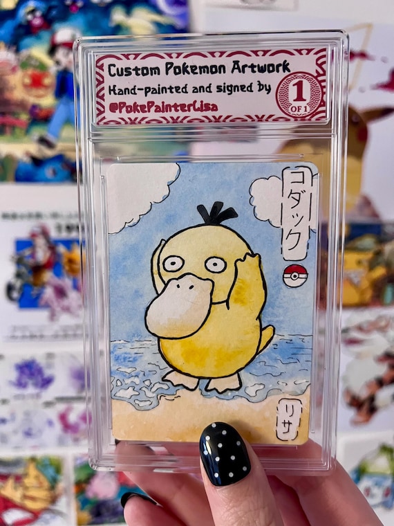 pokemon card blue paint Piplup Custom Handpainted Collectible Gift Pokmon Psyduck ORIGINAL Watercolor Painted Pokemon