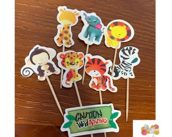 Jungle Animal Cup Cake Topper Skewers 8 Piece Set, Cake Design, Birthday, Decoration, Baking, Kids Cake, Children's Cake, Z00, Cake Topper