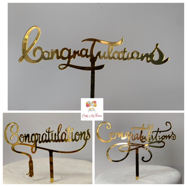 Acrylic Congratulations Gold Cake Topper Sign, Various Styles, Decoration, Party, Celebrate, Driving Test, Graduation, Wedding, Engagement