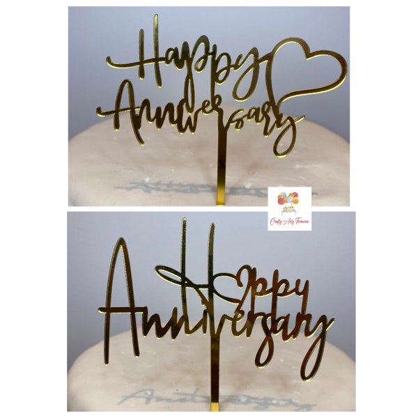 Happy Anniversary Cake Topper Sign, Gold, Silver, Decoration, Party, Celebrate, Silver Wedding, Gold Wedding, Acrylic, Anniversary