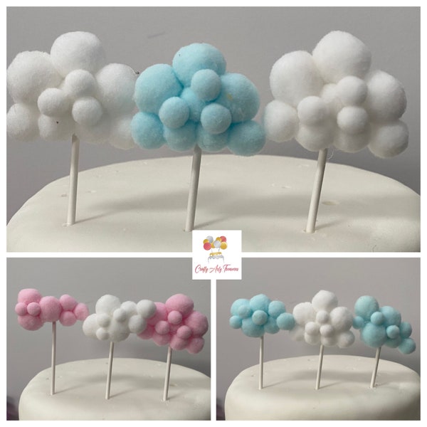 Baby Cloud Cake Topper conjunto de 3 o 2, multicolor, bebé, recién nacido, decoración de pasteles, ducha, cumpleaños, 1er cumpleaños, algodón, baby shower