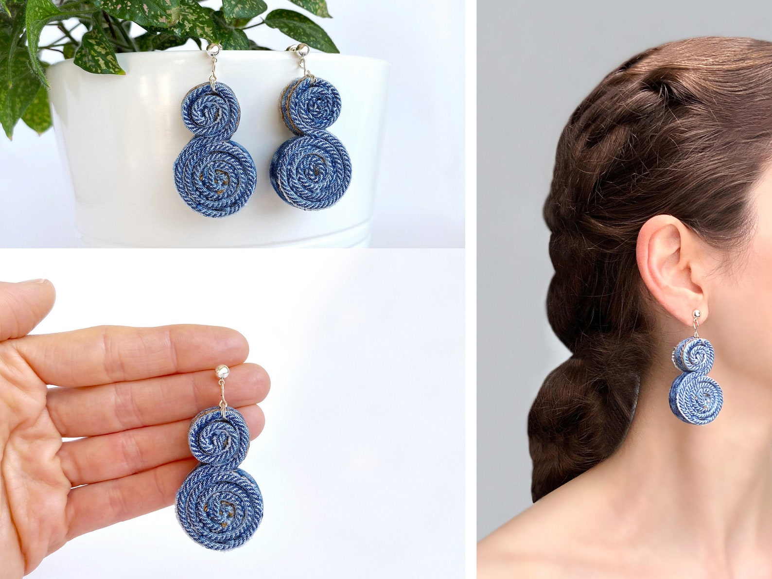 Denim Earrings Blue Jean Earrings Navy Dangle Drop Spiral Etsy