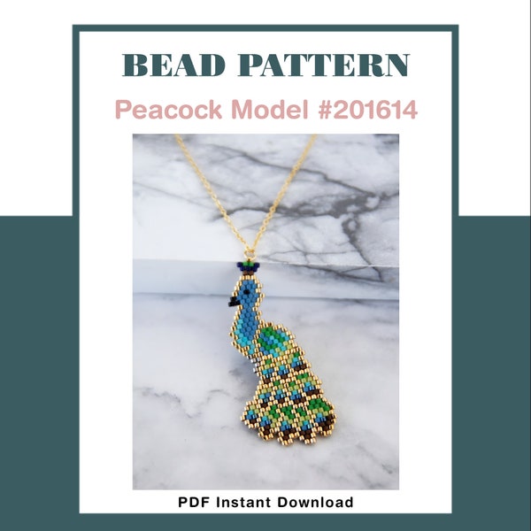 Peacock Beading Pattern, DM Miyuki Design, Beading Tutorials, Peacock Necklace Pattern, Pendant  Pattern and Earrings bead pattern 201614