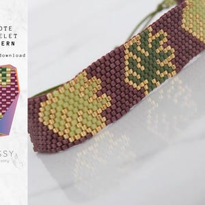 May include: A peyote stitch bracelet pattern featuring a geometric design with burgundy, green, and gold beads. The pattern is available for instant download.