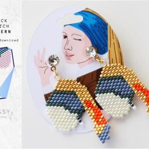 May include: A pair of colorful brick stitch earrings with a geometric design. The earrings are made with white, blue, green, orange, and gold beads. Each earring features a clear crystal bead at the top.