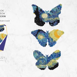 May include: Three brick stitch beading patterns of butterflies in blue, yellow, and white colors. The patterns are for creating jewelry or accessories. The text "BRICK STITCH PATTERN" and "Instant download" is visible at the top of the image. The text "DIAMISSY jewelry&accessory" is visible at the bottom of the image.