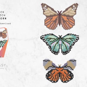 May include: Three beaded butterfly patterns in brick stitch. The butterflies are in shades of orange, brown, green, and blue. The patterns are for jewelry making.