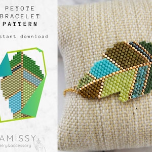 Könnte beinhalten: Peyote-Stich-Armband-Muster mit einem geometrischen Blattdesign in Grün-, Blau- und Goldtönen. Das Muster ist auf weißem Hintergrund mit dem Text "Peyote Bracelet Pattern" und "Instant download" dargestellt.