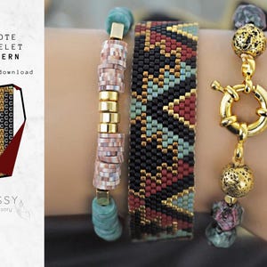 May include: Four beaded bracelets on a wrist. The bracelets are made with colourful beads, including turquoise, black, red, and gold. The bracelets are layered on top of each other, and the top bracelet has a gold clasp.