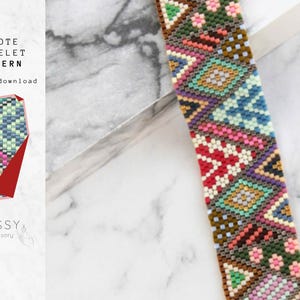 May include: A colorful peyote stitch bracelet pattern with geometric shapes in shades of red, pink, blue, green, brown, and white. The pattern is shown on a white marble background. The text "Peyote Bracelet Pattern" and "Instant download" is displayed above the pattern.