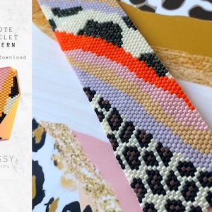 May include: Peyote stitch bracelet pattern featuring a colourful geometric design with orange, pink, white, and black beads. The pattern is shown on a white background with a leopard print design.