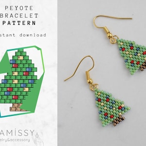 May include: A pair of beaded Christmas tree earrings with gold hooks. The trees are green with red, blue, and gold beads.