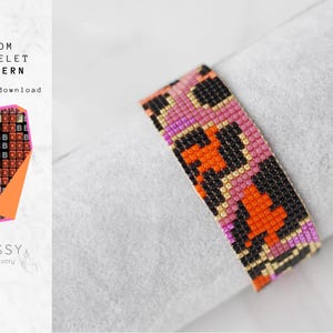 May include: A loom bracelet pattern featuring a colorful geometric design with black, orange, pink, and gold beads. The pattern is shown on a white background.