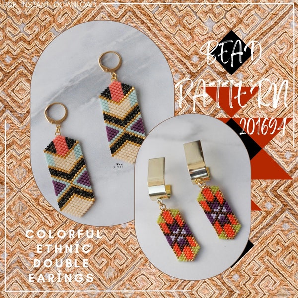 Colorful Ethnic Earring Brick Stitch Pattern - Set of 2 Earrings with 6 Color Tones Each, Earings Patterns, Ethnic Beads Pattern 201658