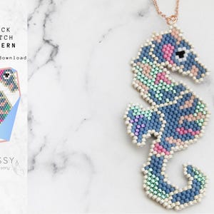 May include: A beaded seahorse pendant necklace with a blue, green, pink, and white color scheme. The seahorse is made with brick stitch beading and is hanging from a rose gold chain.