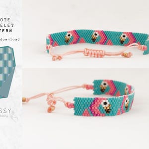 May include: A pink and blue peyote stitch bracelet with a pattern of ice cream cones. The bracelet is made with seed beads and has a pink cord.