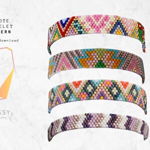 May include: Four colorful peyote stitch bracelets with geometric patterns. The bracelets are made with seed beads in shades of pink, blue, green, yellow, orange, and white. The bracelets are arranged in a stack, with the top bracelet being the most colorful.