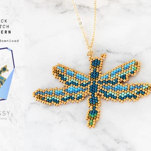 Blue and Gold Dragonfly Necklace Pattern – Elegant Miyuki Beaded Insect Jewelry, Nature Inspired Peyote Stitch Design