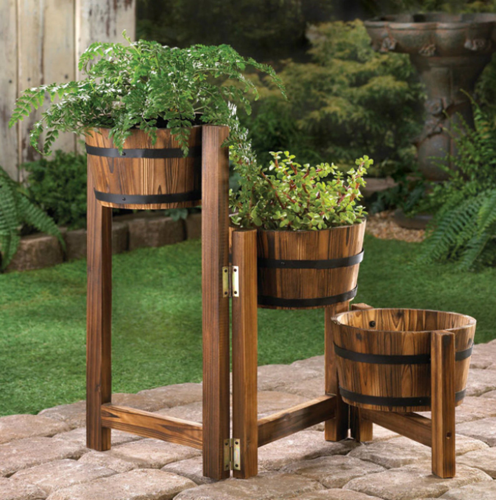 Rustic ThreeLevel Barrels Planter Metal Trim FREE SHIPPING Etsy
