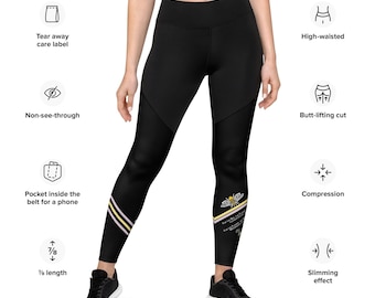 May include: Black high-waisted leggings with a butt-lifting cut and slimming effect. Features include a pocket inside the belt for a phone, non-see-through fabric, and a tear-away care label. The leggings have a 7/8 length and a bee graphic.